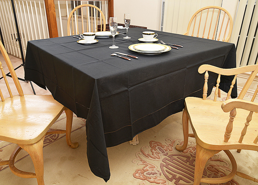 Happy Festive 70" Square tablecloth. Black color